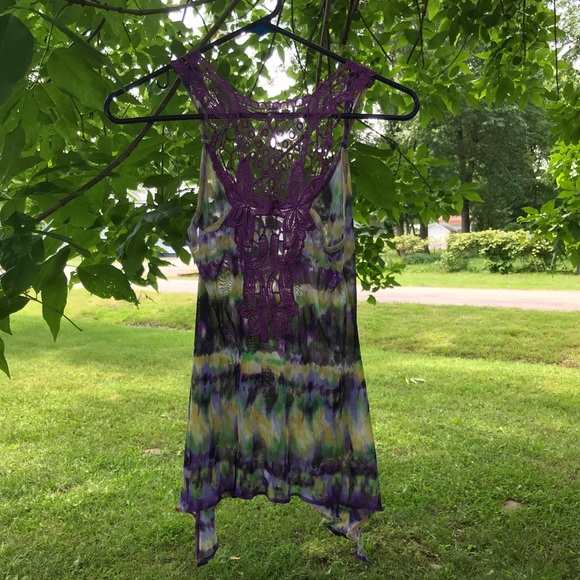 Semi sheer tie dyed crocheted back tank - Picture 14 of 14